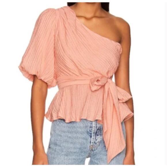 MinkPink Womens Vera Balloon Sleeve Lightweight One Shoulder Blouse Rose Sz XS - Picture 1 of 8